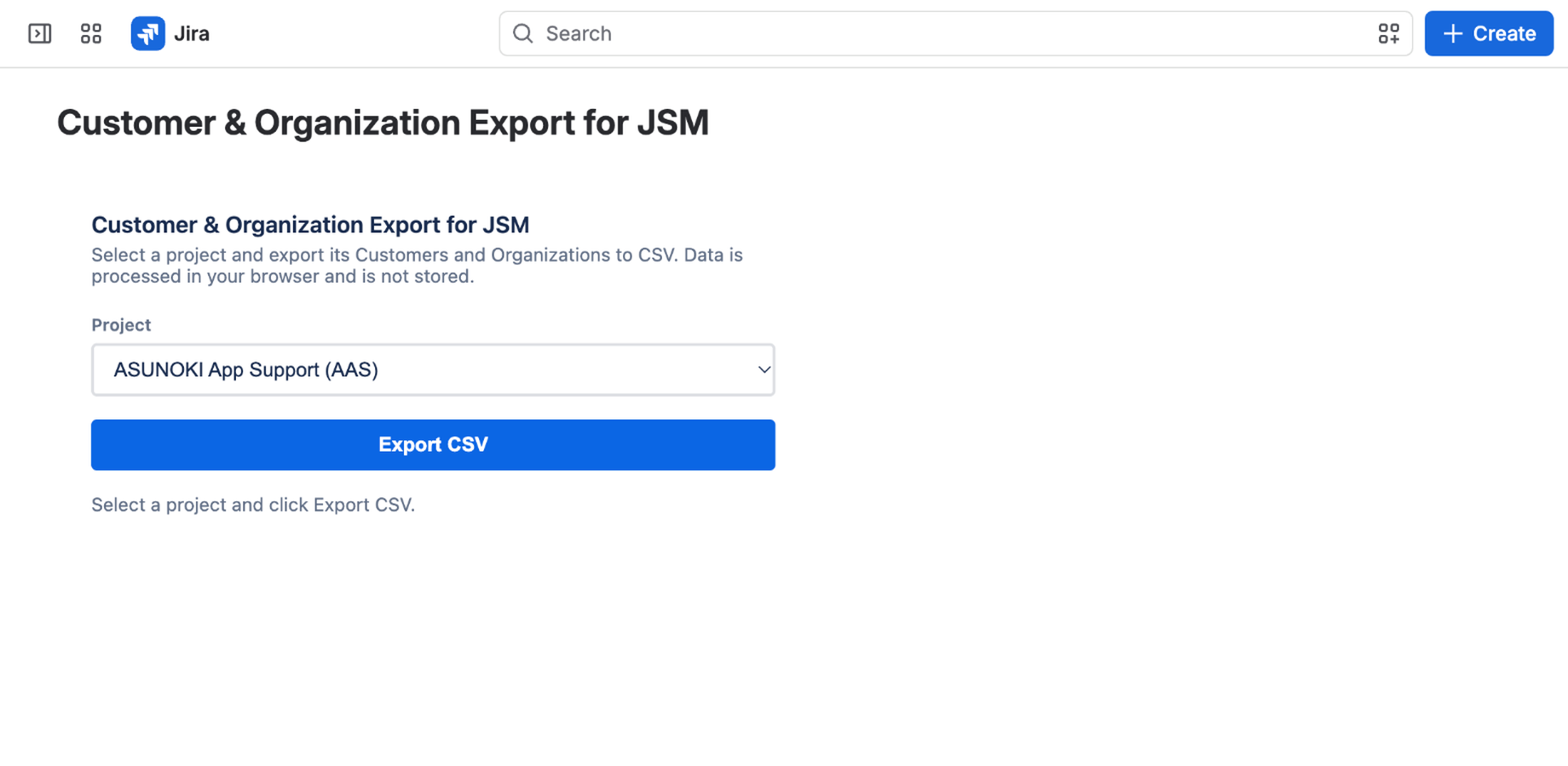 The app page in Jira with a Project dropdown and an Export CSV button