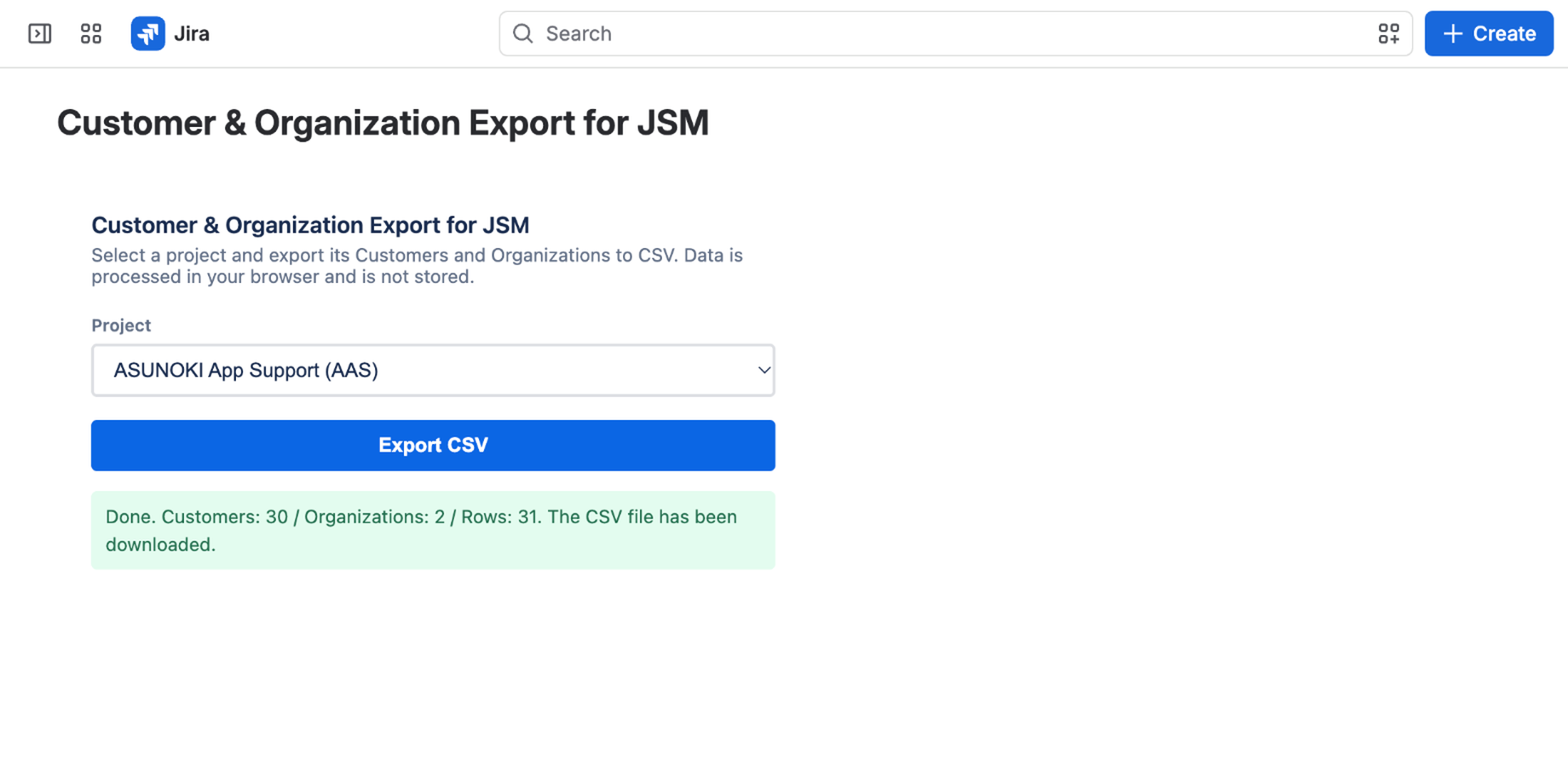 A success message showing the customer, organization and row counts after the export